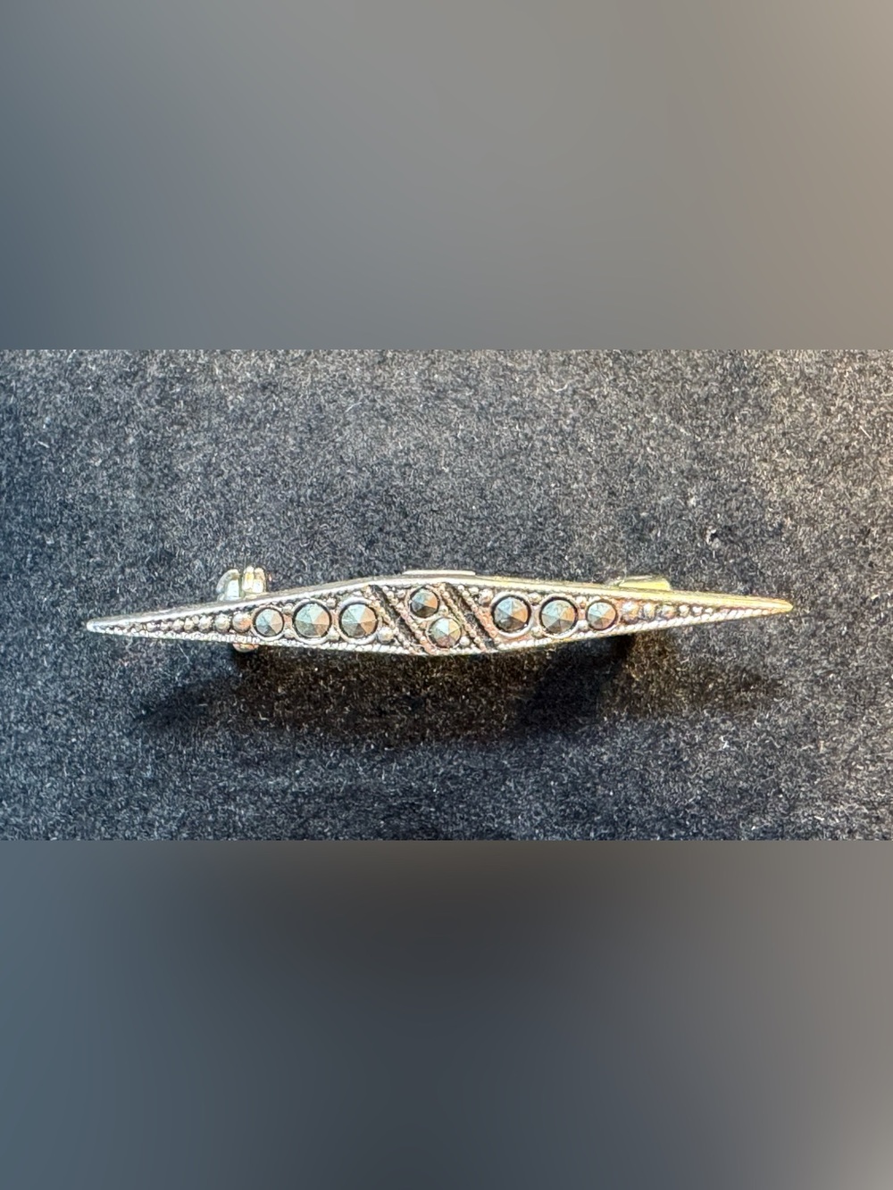 Vintage Silver Tone Bar Brooch Pin Round Marcasite Stones Metal Unisex Adults